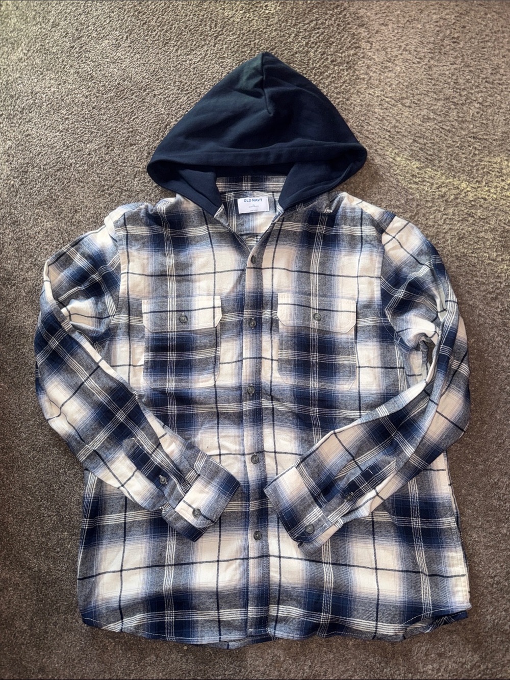 Old Navy Men's Navy and White Plaid Hooded Button-Up Shirt